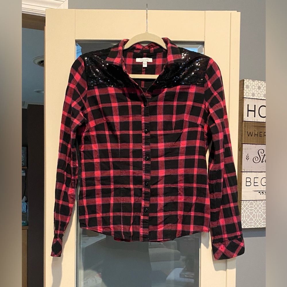 🤠🌺Sequined Plaid Flannel Button-down Top